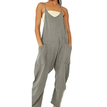 Lös ärmlös jumpsuit för kvinnor Spagettirem Stretchig långbyxa Romper Jumpsuit med fickor Blixtlås