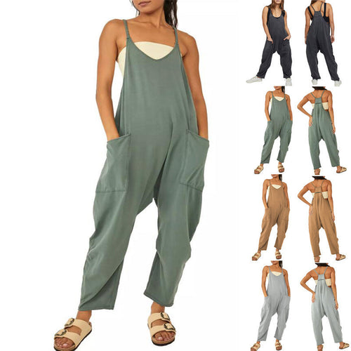 Lös ärmlös jumpsuit för kvinnor Spagettirem Stretchig långbyxa Romper Jumpsuit med fickor Blixtlås