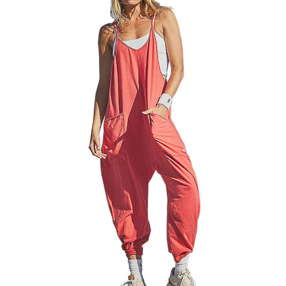 Lös ärmlös jumpsuit för kvinnor Spagettirem Stretchig långbyxa Romper Jumpsuit med fickor Blixtlås