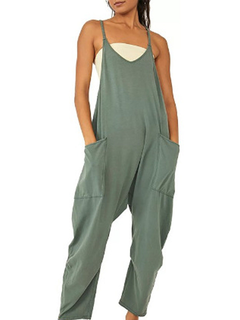 Lös ärmlös jumpsuit för kvinnor Spagettirem Stretchig långbyxa Romper Jumpsuit med fickor Blixtlås